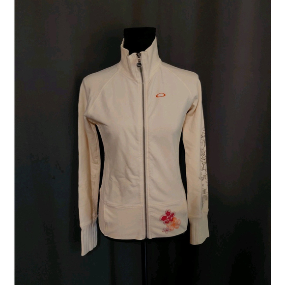 Oakley Sweaters - Oakley Woman’s Vintage Zip Up Size XS Cream Orange Tropical Floral Embroidery